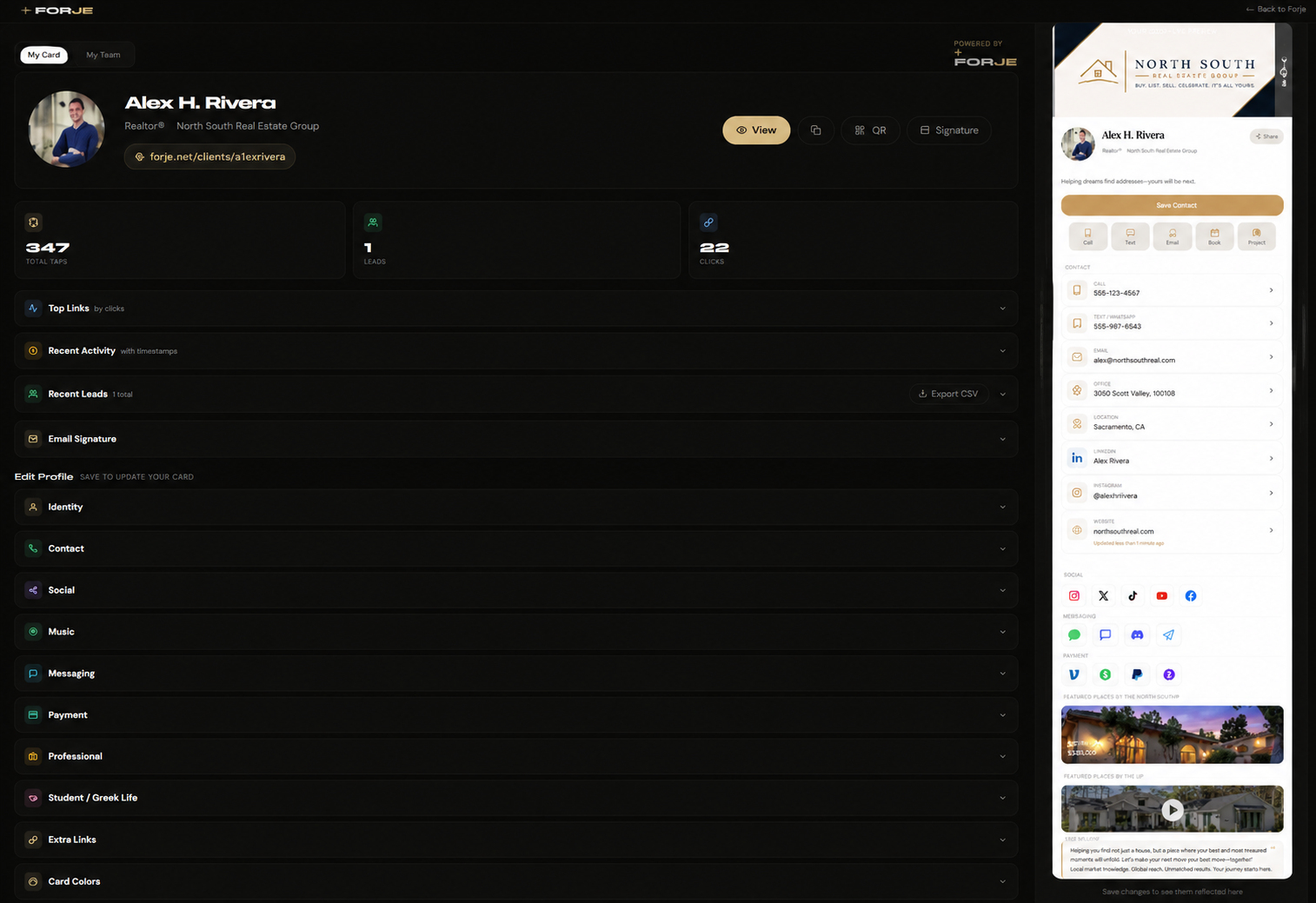 Example Forje dashboard with profile editing and public card preview
