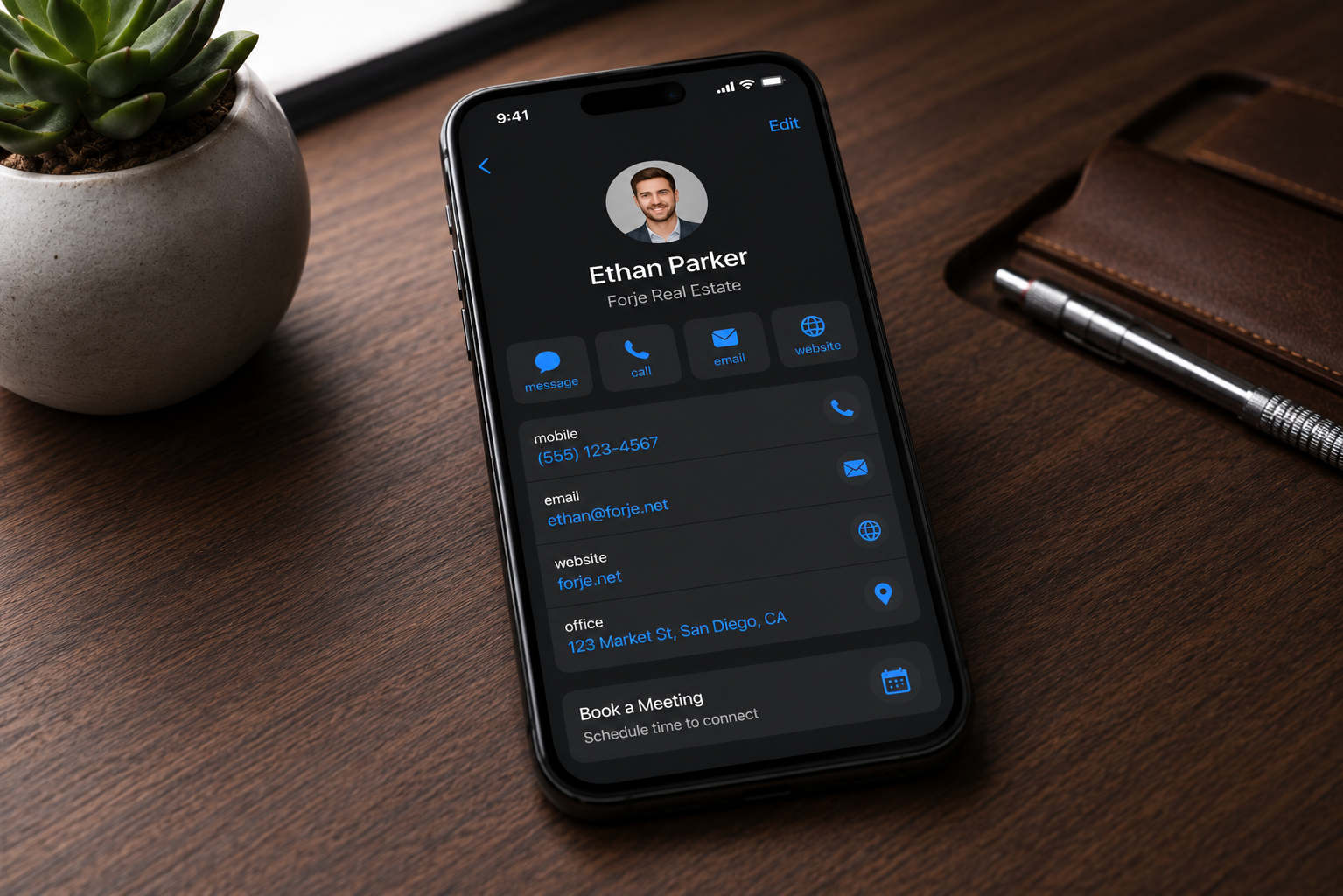 Saved Forje contact details open on a phone