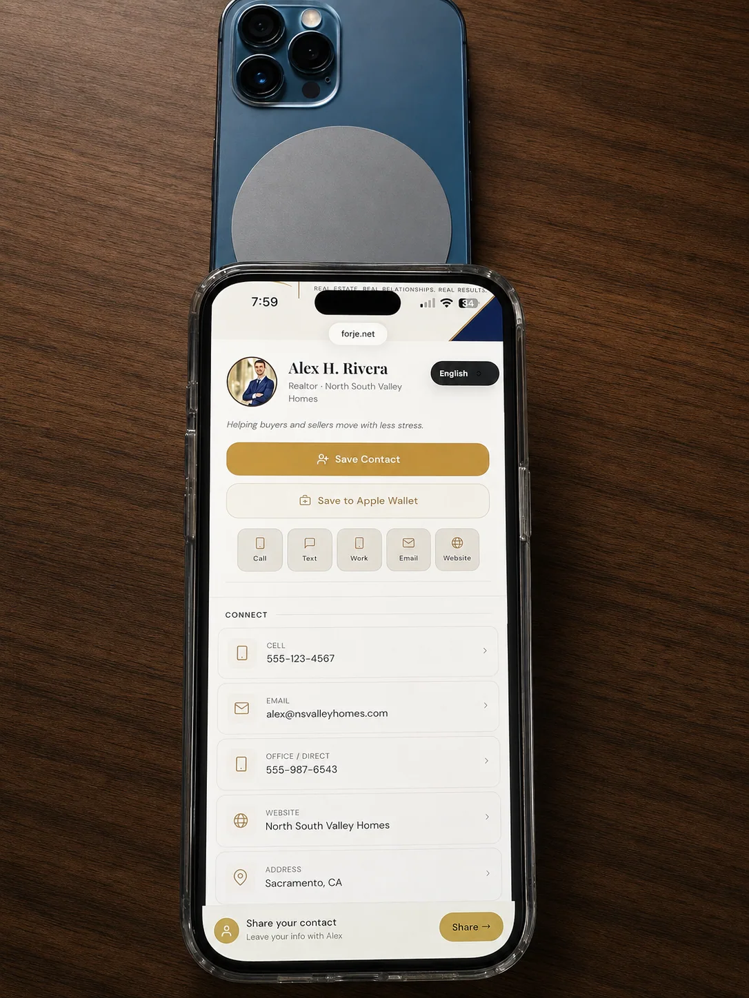 Forje profile open after tapping or scanning a Forje Link