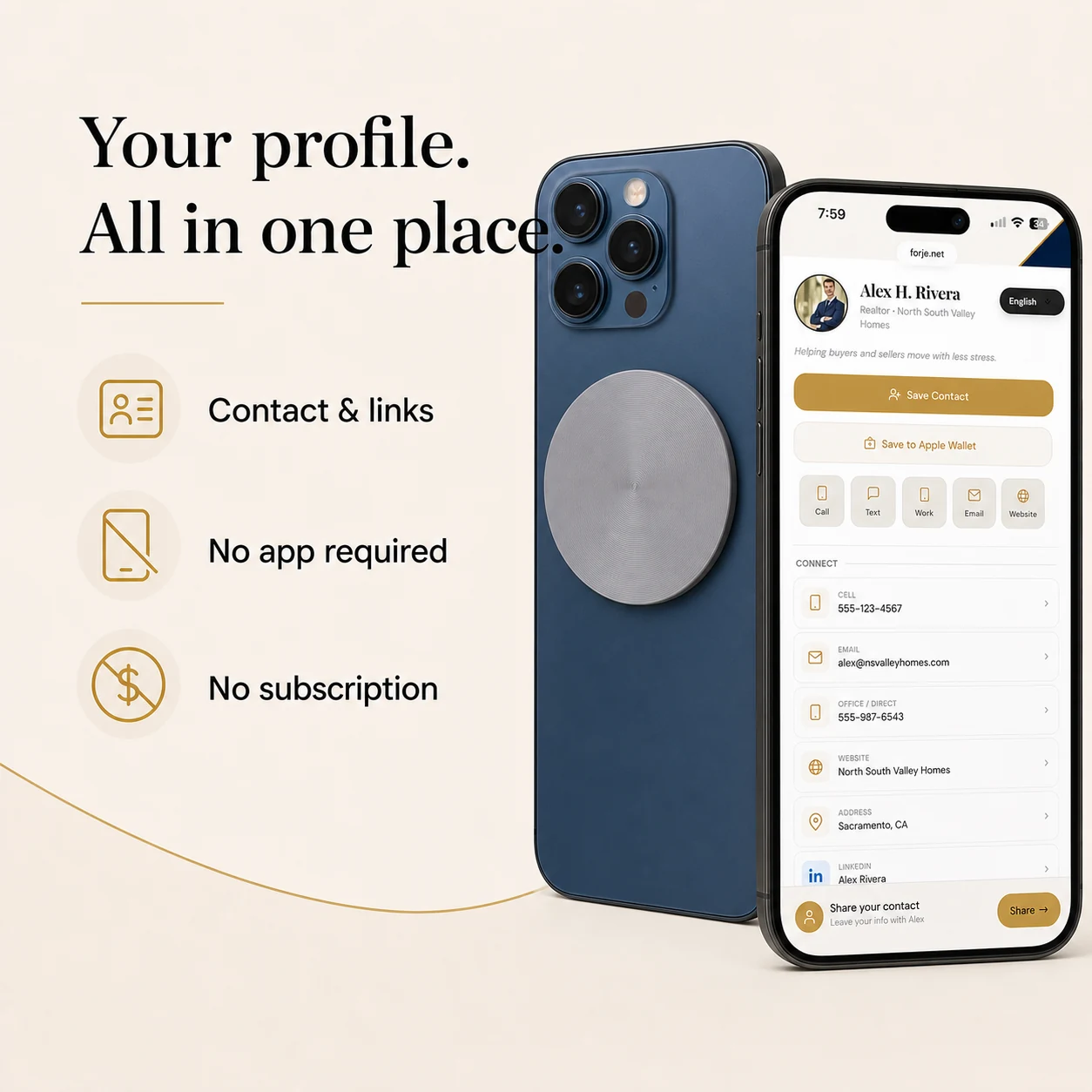 Forje keeps your contact and important links together with no app or subscription