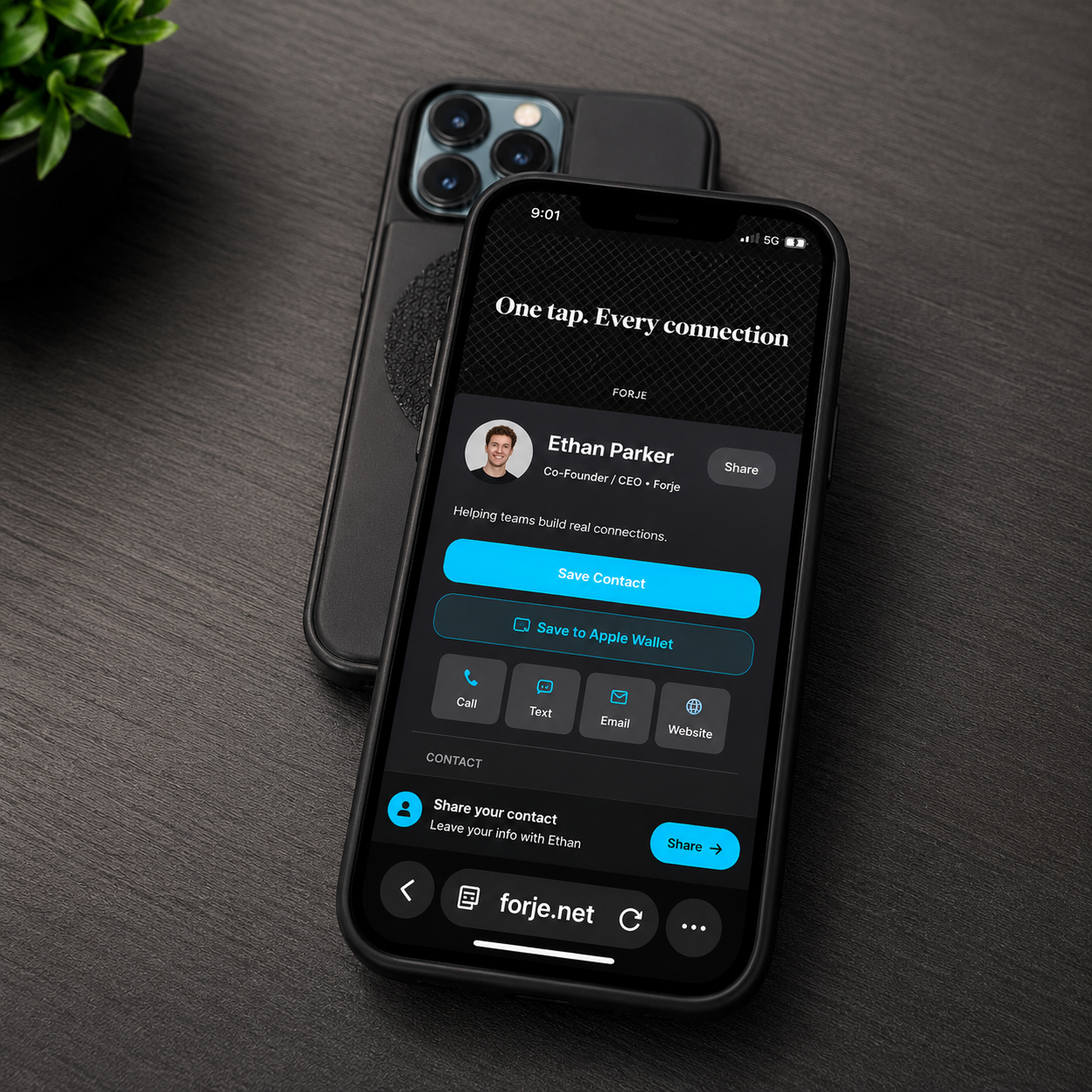 Forje profile open on a phone with save contact button