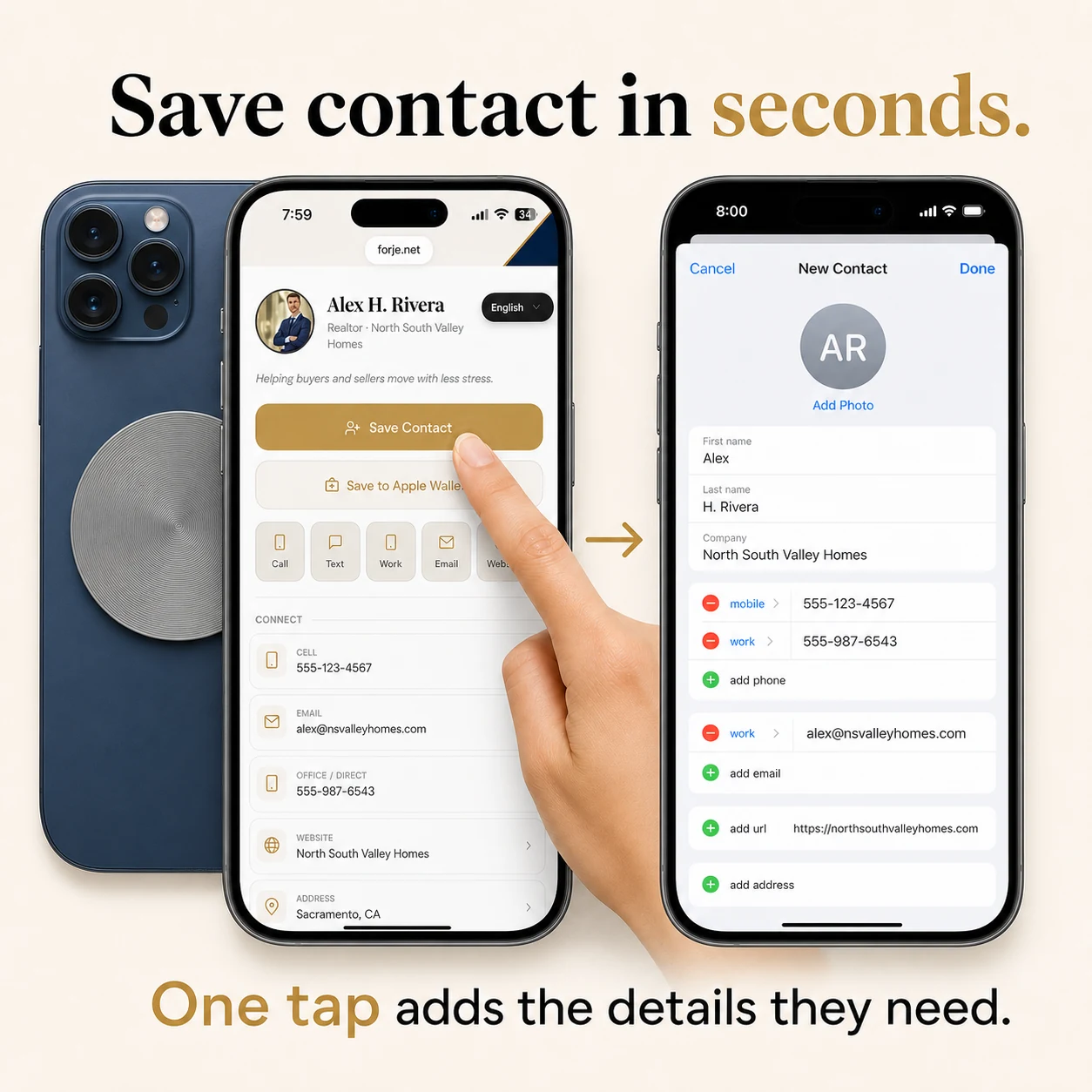 A Forje profile adds useful contact details to a phone in seconds