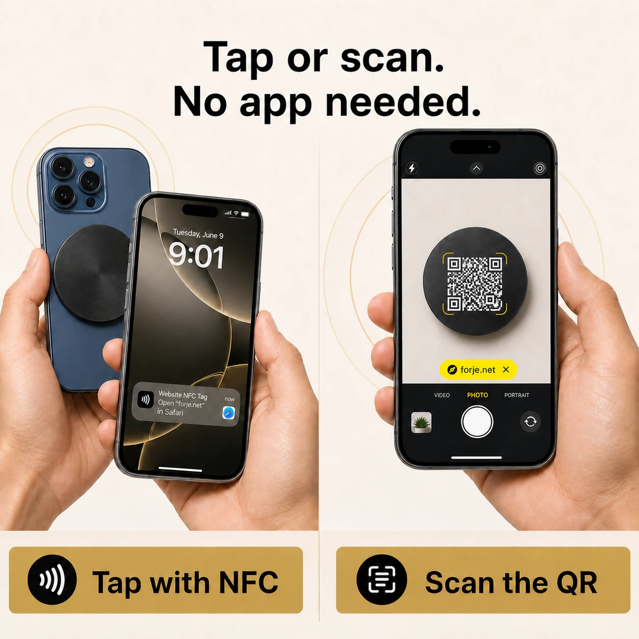 Forje Link opening through an NFC tap or QR scan without an app