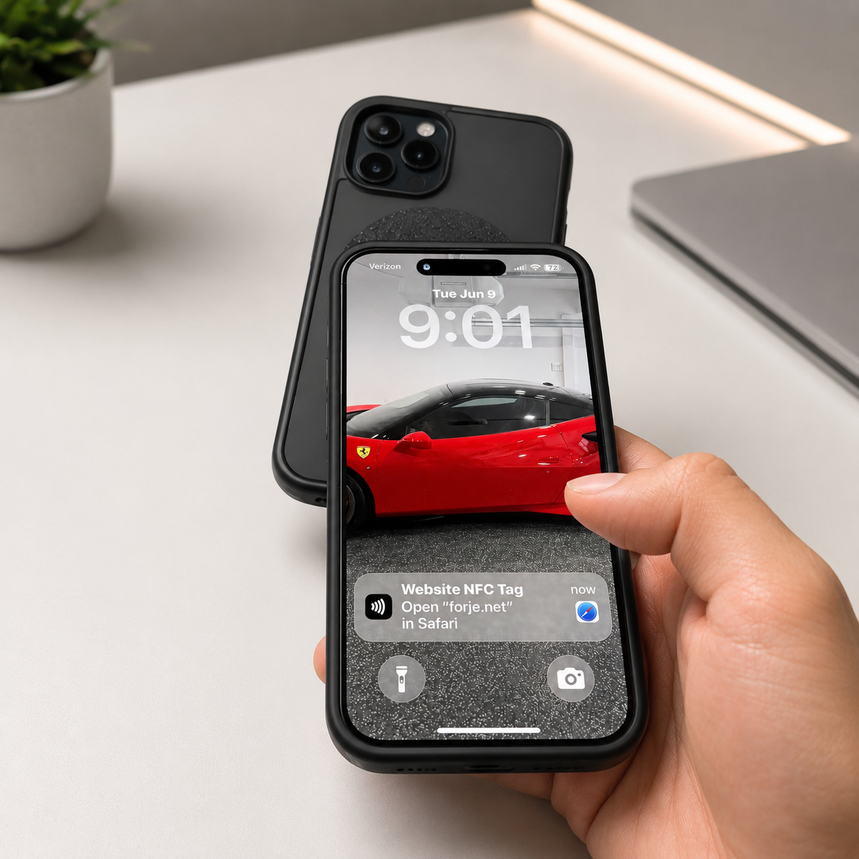 A phone opening the Forje NFC link after tapping a Sigil